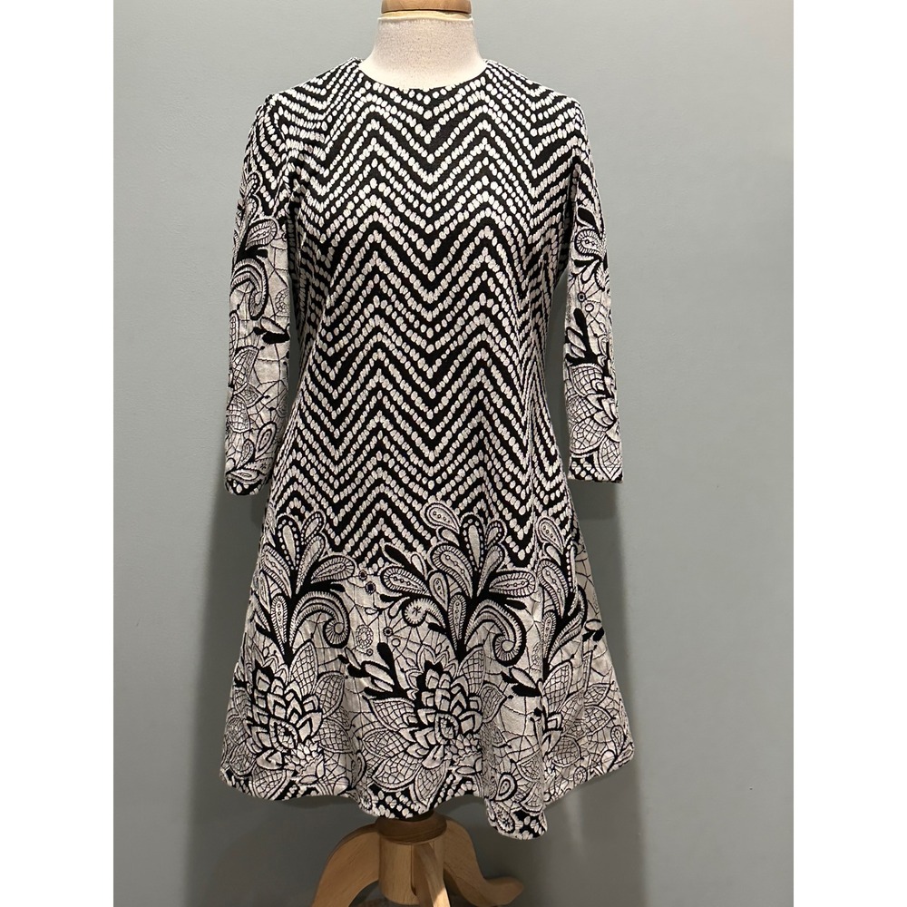 MSK Black White geometric floral abstract 3/4 sleeve dress size Large